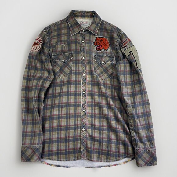 VTG True Religion Workwear Flannel Plaid Shirt Men’s XL Football Tiger Patches - Picture 1 of 16